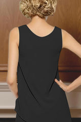 Dreamyannie Black Round Neck Chiffon 3 Piece Mother Of The Bride Pant Suits With Sleeves
