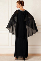 Dreamyannie Black Round Neck Chiffon Floor Length Mother Of The Bride Dress With Beading