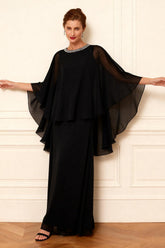 Dreamyannie Black Round Neck Chiffon Floor Length Mother Of The Bride Dress With Beading