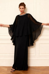 Dreamyannie Black Round Neck Chiffon Floor Length Mother Of The Bride Dress With Beading