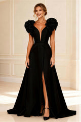 Dreamyannie Black Ruffled V Neck A Line Long Mother Of The Bride Dress With Slit