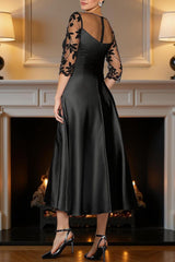 Dreamyannie Black Satin A Line Tea Length Mother Of The Bride Dress With Appliques