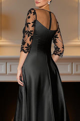 Dreamyannie Black Satin A Line Tea Length Mother Of The Bride Dress With Appliques