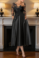 Dreamyannie Black Satin A Line Tea Length Mother Of The Bride Dress With Appliques