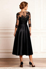 Dreamyannie Black Satin A Line Tea Length Mother Of The Bride Dress With Lace