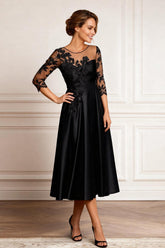 Dreamyannie Black Satin A Line Tea Length Mother Of The Bride Dress With Lace