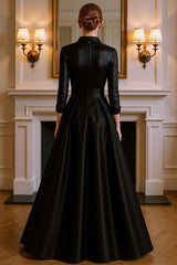 Dreamyannie Black Satin Floral A Line Floor Length Mother Of The Bride Dress With Slit