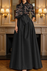 Dreamyannie Black Satin Lapel Floor Length Mother Of The Bride Dress With Embroidery
