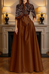 Dreamyannie Black Satin Lapel Floor Length Mother Of The Bride Dress With Embroidery