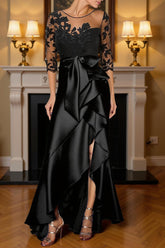 Dreamyannie Black Satin Sheath Ruffled Floor Length Mother Of The Bride Dress With Slit