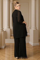 Dreamyannie Black Sequin Thick Straps 3 Piece Mother Of The Bride Pant Suits With Jacket