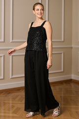 Dreamyannie Black Sequin Thick Straps 3 Piece Mother Of The Bride Pant Suits With Jacket