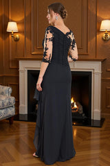 Dreamyannie Black Sheath Boat Neck Floor Length Mother Of The Bride Dress With Lace