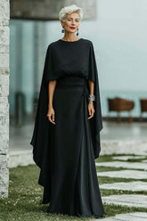 Dreamyannie Black Sheath Boat Neck Long Mother Of The Bride Dress With Cape