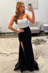 Dreamyannie Black & Silver Strapless Structured Corset Top Beading Prom Dress With High Slit Formal Evening Gown