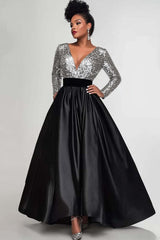 Dreamyannie Black Silver Wedding Guest Dress A-Line Long Sleeves Long Formal Dress