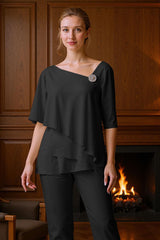 Dreamyannie Black Tiered V Neck 2 Piece Mother Of The Bride Pant Suits With Sleeves