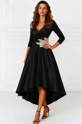 Dreamyannie Black V Neck Satin High Low Mother Of The Bride Dress With Appliques