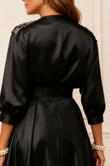 Dreamyannie Black V Neck Satin Tea Length Mother Of The Bride Dress