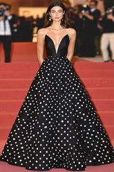 Dreamyannie Black Wedding Guest Dress Ball Gown V-Neck Formal Dress With Polka Dots