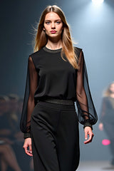Dreamyannie Black Wedding Guest Dress Casual Fashion Jumpsuit With Chiffon Sleeves