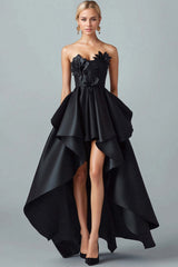 Dreamyannie Black Wedding Guest Dress High-Low A-Line Strapless 3D Flowers Satin Formal Dress With Ruffles