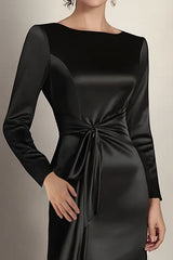 Dreamyannie Black Wedding Guest Dress Mermaid Long Sleeves Satin Ruched Long Formal Dress