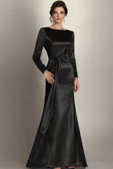 Dreamyannie Black Wedding Guest Dress Mermaid Long Sleeves Satin Ruched Long Formal Dress