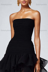 Dreamyannie Black Wedding Guest Dress Strapless Tulle Long Ruffled Formal Dress With Slit