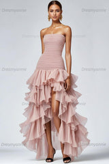 Dreamyannie Black Wedding Guest Dress Strapless Tulle Long Ruffled Formal Dress With Slit