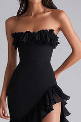 Dreamyannie Black Wedding Guest Dress Tiered Strapless Long Chiffon Formal Dress With Slit