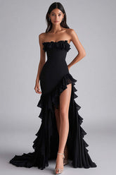 Dreamyannie Black Wedding Guest Dress Tiered Strapless Long Chiffon Formal Dress With Slit