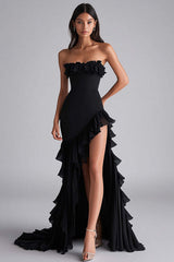Dreamyannie Black Wedding Guest Dress Tiered Strapless Long Chiffon Formal Dress With Slit