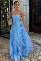 Dreamyannie Blue A-Line Long Pleated Cutout Prom Dress With Spaghetti Straps Formal Evening Gown