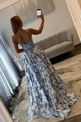 Dreamyannie Blue Floral Spaghetti Straps Ruffle High-Slit Prom Dress With Lace Bodice Formal Evening Gown