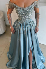 Dreamyannie Blue Prom Dress A Line Off The Shoulder Pearls Rhinestones Evening Dress With Slit