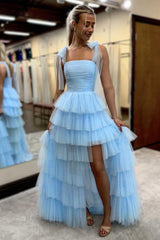 Dreamyannie Blue Prom Dress A-Line Ruffled Tulle Long Evening Dress With Slit