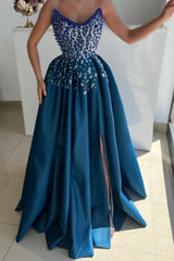 Dreamyannie Blue Prom Dress A Line Strapless Beading Evening Dress With Slit