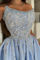Dreamyannie Blue Prom Dress A Line Strapless Sleeveless Sequined Beaded Satin Formal Dress With Rhinestones And Pearls