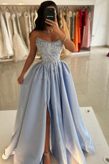 Dreamyannie Blue Prom Dress A Line Strapless Sleeveless Sequined Beaded Satin Formal Dress With Rhinestones And Pearls