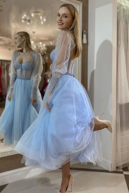 Dreamyannie Blue Prom Dress A Line Sweetheart Sleeves Tulle Formal Dress With Glitter
