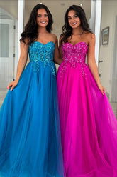 Dreamyannie Blue Prom Dress Appliques A-Line Sweetheart Corset Long Evening Dress