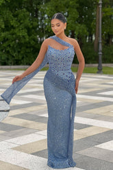 Dreamyannie Blue Prom Dress Column Strapless Sleeveless Beaded Sequined Formal Dress With Rhinestones