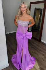 Dreamyannie Blue Prom Dress Corset Strapless Long Evening Dress With Slit