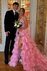 Dreamyannie Blue Prom Dress Floral A-Line Ruffled Tie-Strap Long Formal Dress With Slit
