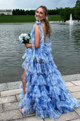 Dreamyannie Blue Prom Dress Floral A-Line Tiered Tie-Strap Evening Dress With Slit