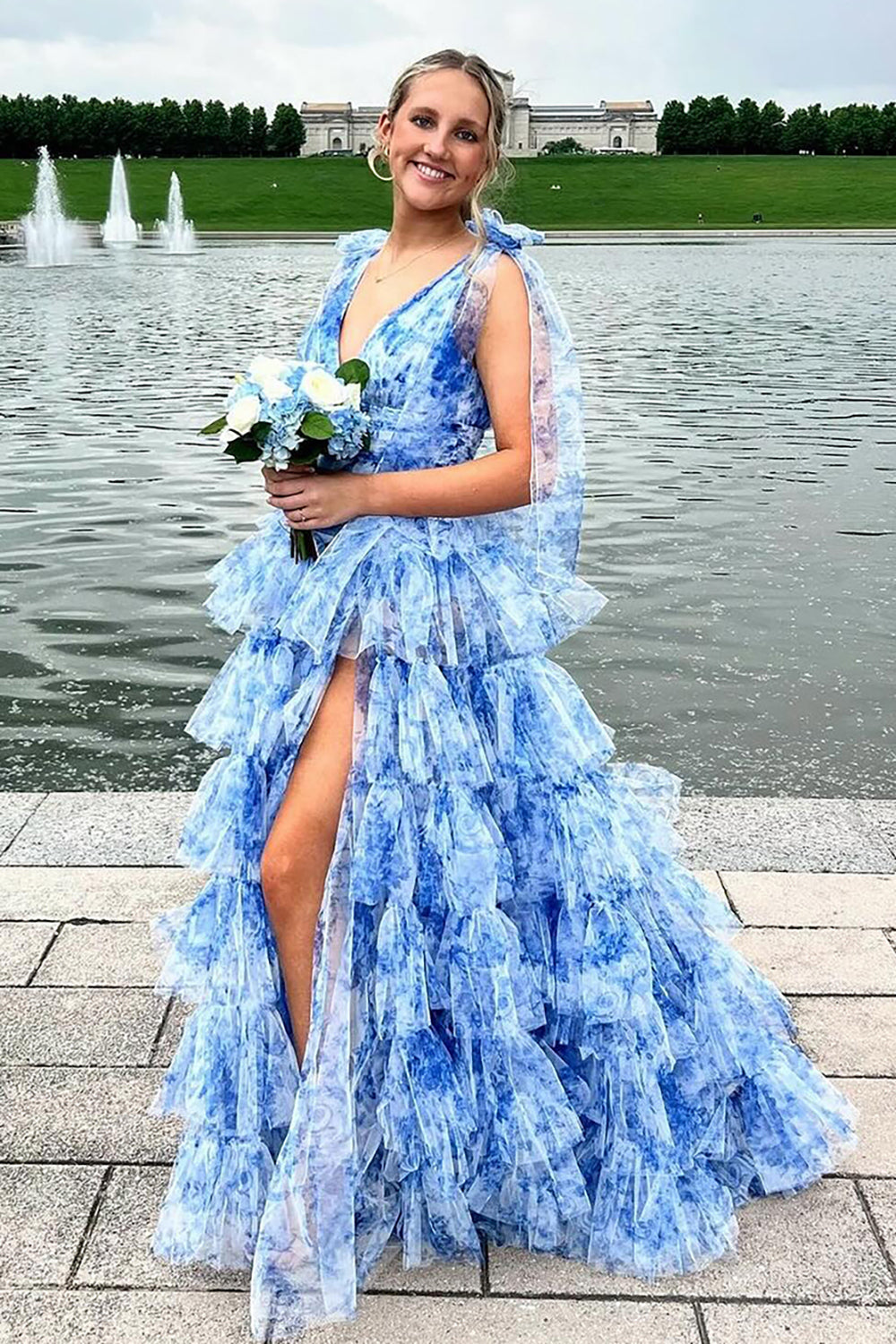Dreamyannie Blue Prom Dress Floral A-Line Tiered Tie-Strap Evening Dress With Slit
