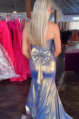 Dreamyannie Blue Prom Dress Gold Prom Dress Corset Metallic Formal Dress With Slit