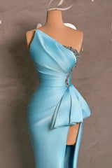 Dreamyannie Blue Prom Dress Mermaid One Shoulder Sleeveless Beaded Satin Slit Formal Dress With Rhinestone