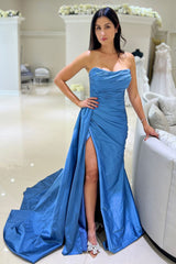Dreamyannie Blue Prom Dress Mermaid Ruche Sweetheart Long Evening Dress With Slit